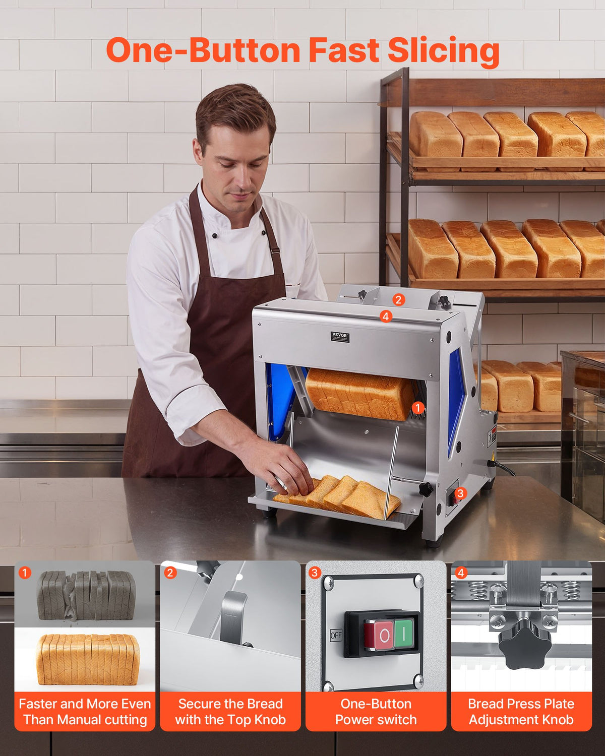 VEVOR Electric Bread Slicer, 370W Bread Slicing Machine, Die-Cast Aluminum Countertop Bread Cutter Machine for 12mm Slice Thickness, Commercial & Home Use for Bakeries Restaurants, 120V - DDMBQPJ370W13MLSK001V1 - view 6
