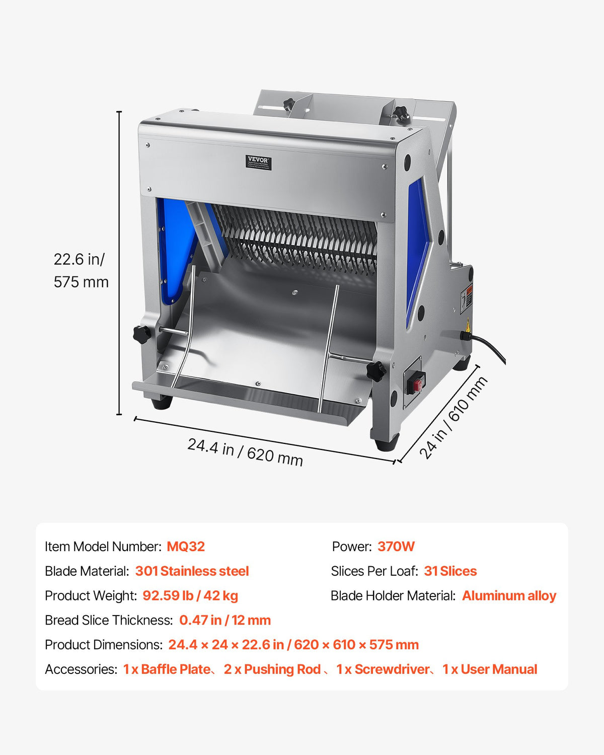 VEVOR Electric Bread Slicer, 370W Bread Slicing Machine, Die-Cast Aluminum Countertop Bread Cutter Machine for 12mm Slice Thickness, Commercial & Home Use for Bakeries Restaurants, 120V - DDMBQPJ370W13MLSK001V1 - view 8