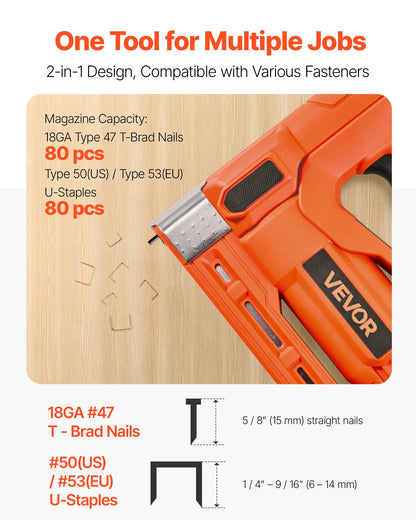 VEVOR Cordless Brad Nailer, 2-in-1 Nail Gun Staple Gun, 18 Gauge 5/8 inch, Includes 1000 Pcs Staples and 1000 Pcs Nails, with Battery and Charger, Non-Slip Rubber Grip, for Woodworking DIY Projects - DDMDQQX2H15811D3Y001V1 - view 3