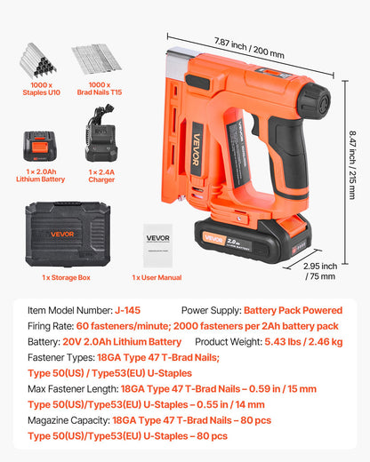 VEVOR Cordless Brad Nailer, 2-in-1 Nail Gun Staple Gun, 18 Gauge 5/8 inch, Includes 1000 Pcs Staples and 1000 Pcs Nails, with Battery and Charger, Non-Slip Rubber Grip, for Woodworking DIY Projects - DDMDQQX2H15811D3Y001V1 - view 8