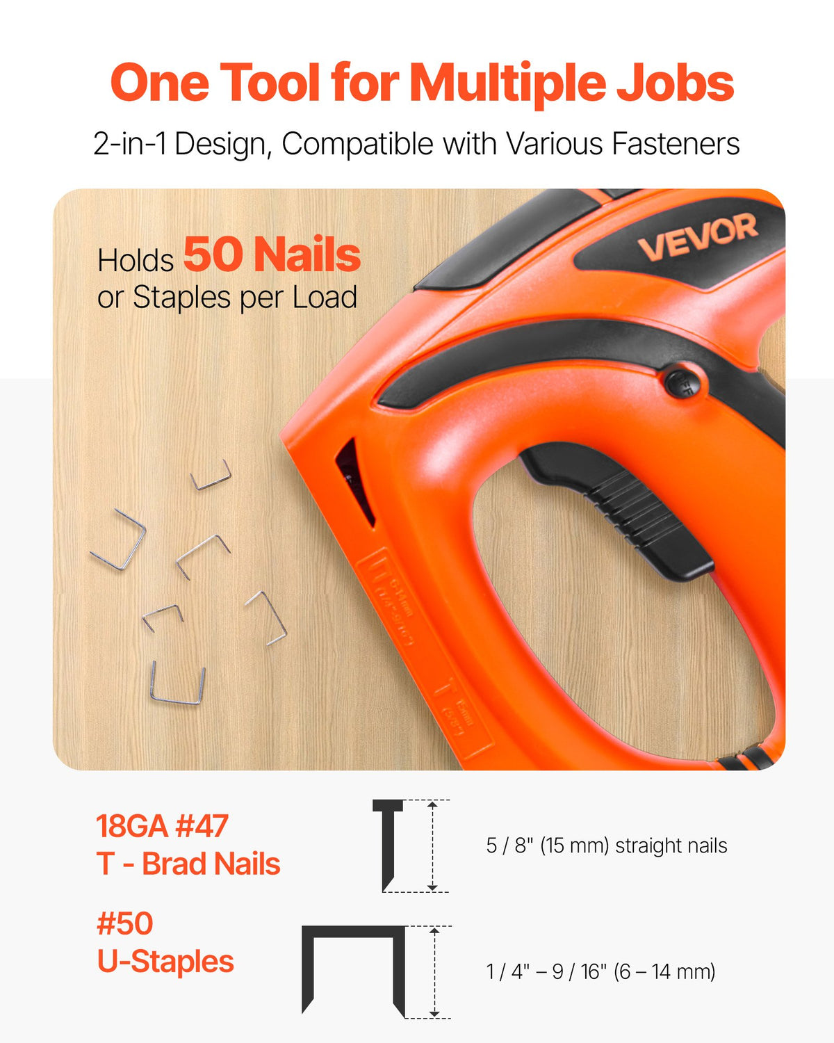 VEVOR Electric Nail Gun, 2-in-1 Staple Gun Brad Nailer, 18 Gauge 5/8 inch, Stapler Brad Nailer with 1000 Pcs Staples and 1000 Pcs Nails, Non-Slip Rubber Grip, for Woodworking and DIY Projects - DDMDQQX2H158CW8EZ001V1 - view 3