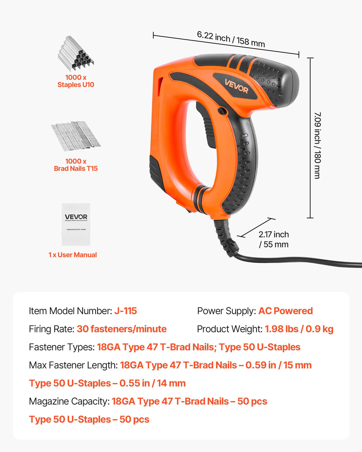 VEVOR Electric Nail Gun, 2-in-1 Staple Gun Brad Nailer, 18 Gauge 5/8 inch, Stapler Brad Nailer with 1000 Pcs Staples and 1000 Pcs Nails, Non-Slip Rubber Grip, for Woodworking and DIY Projects - DDMDQQX2H158CW8EZ001V1 - view 8
