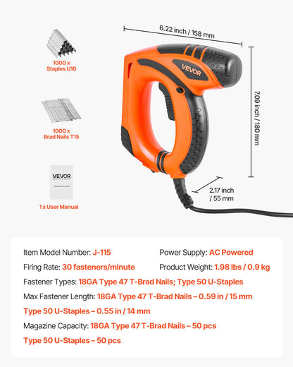 VEVOR Electric Nail Gun, 2-in-1 Staple Gun Brad Nailer, 18 Gauge 5/8 inch, Stapler Brad Nailer with 1000 Pcs Staples and 1000 Pcs Nails, Non-Slip Rubber Grip, for Woodworking and DIY Projects - DDMDQQX2H158CW8EZ001V1 - view 8