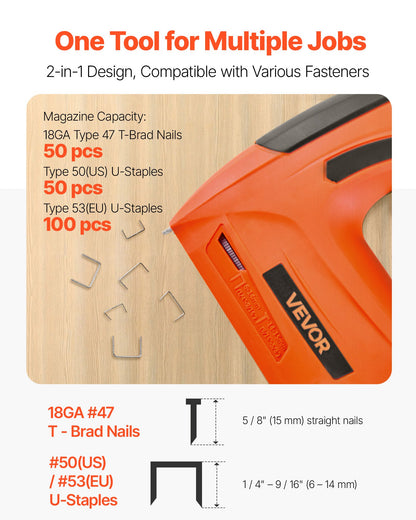 VEVOR Cordless Brad Nailer, 2-in-1 Nail Gun Staple Gun, 18 Gauge 5/8 inch, Battery Powered, with 1000 Pcs Staples and 1000 Pcs Nails, Non-Slip Rubber Grip, for Woodworking, Carpentry and DIY Projects - DDMDQQX2H158E0IXX001V1 - view 3