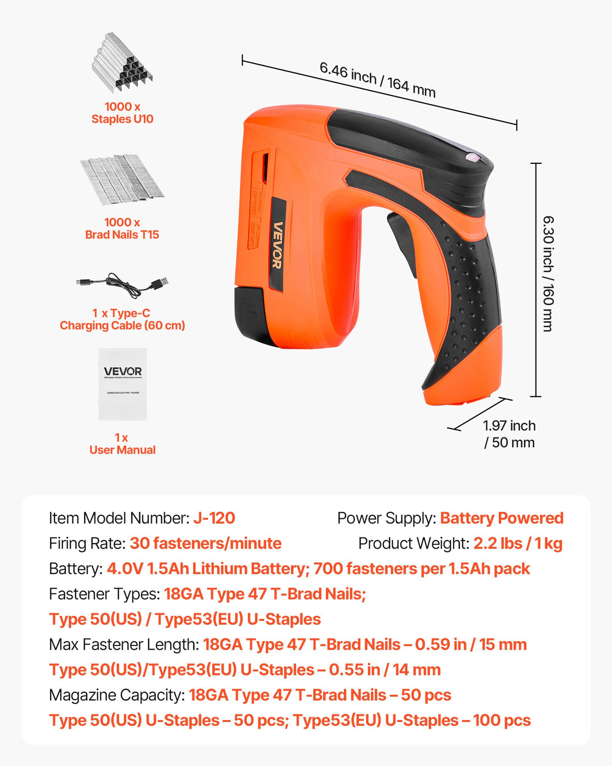 VEVOR Cordless Brad Nailer, 2-in-1 Nail Gun Staple Gun, 18 Gauge 5/8 inch, Battery Powered, with 1000 Pcs Staples and 1000 Pcs Nails, Non-Slip Rubber Grip, for Woodworking, Carpentry and DIY Projects - DDMDQQX2H158E0IXX001V1 - view 8