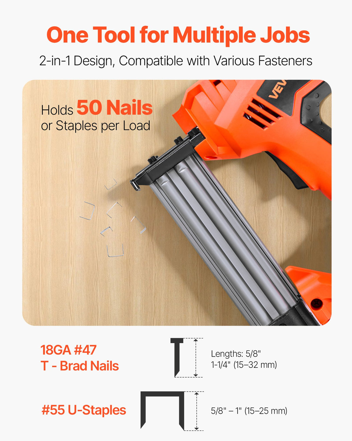 VEVOR Electric Nail Gun, 2-in-1 Staple Gun Brad Nailer, 18 Gauge 1-1/4 inch, Stapler Brad Nailer with 1000 Pcs Staples and 1000 Pcs Nails, Non-Slip Rubber Grip, for Woodworking and DIY Projects - DDMDQZX2H111W1Y7I001V1 - view 3