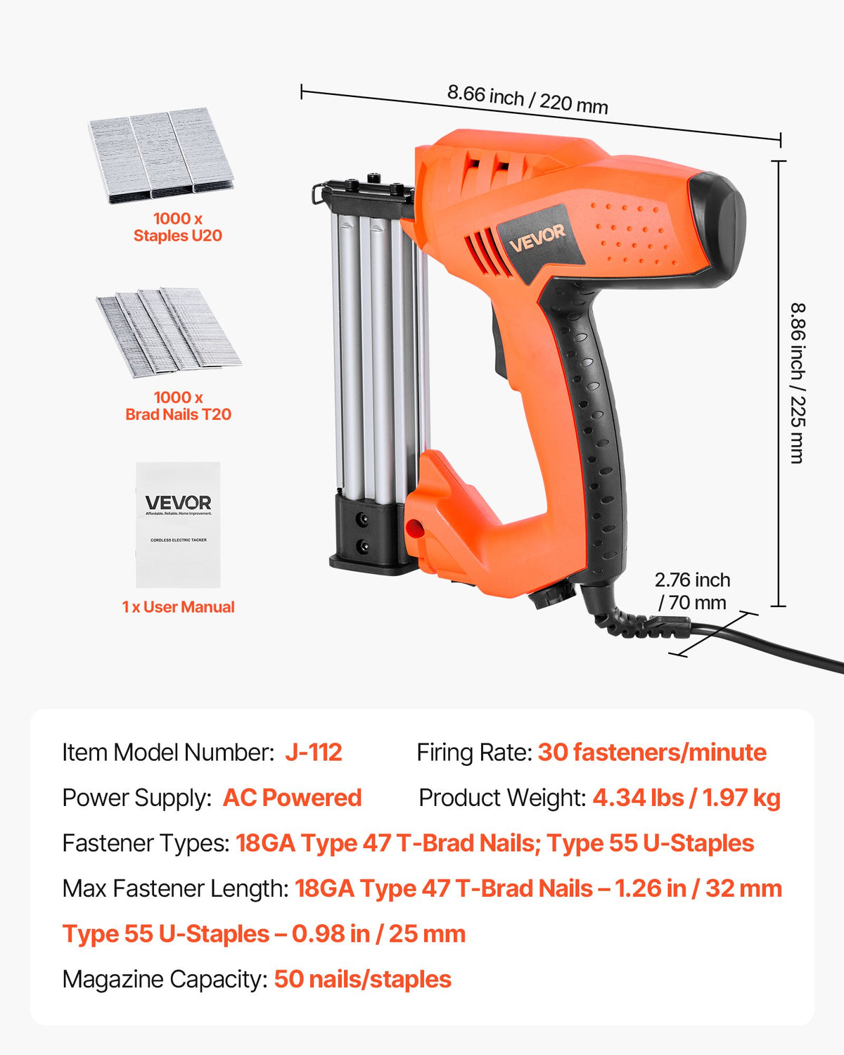 VEVOR Electric Nail Gun, 2-in-1 Staple Gun Brad Nailer, 18 Gauge 1-1/4 inch, Stapler Brad Nailer with 1000 Pcs Staples and 1000 Pcs Nails, Non-Slip Rubber Grip, for Woodworking and DIY Projects - DDMDQZX2H111W1Y7I001V1 - view 8