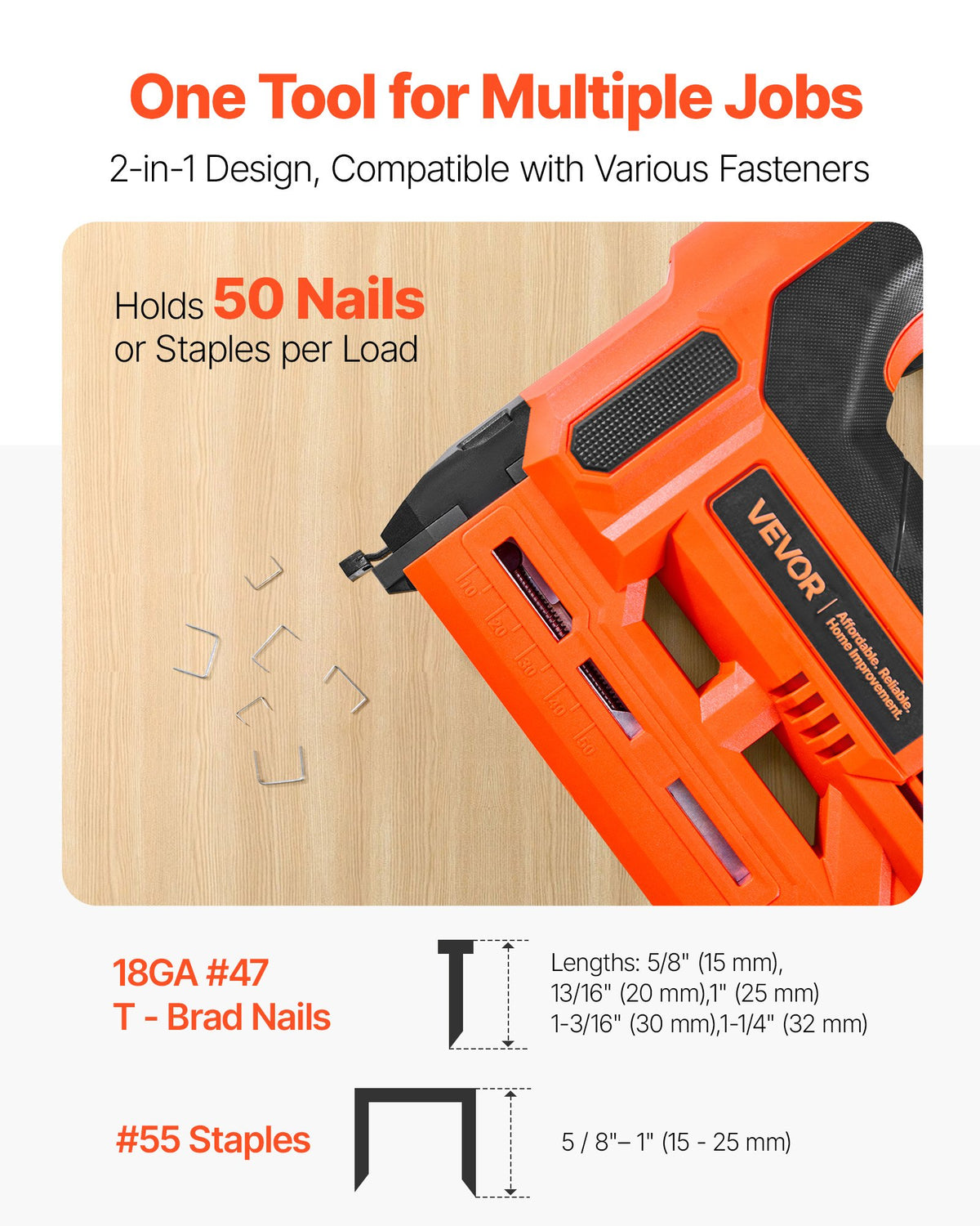 VEVOR Cordless Brad Nailer, 2-in-1 Nail Gun Staple Gun, 18 Gauge 1-1/4 inch, Includes 500 Pcs Staples and 500 Pcs Nails, with Battery and Charger, Non-Slip Rubber Grip, for Woodworking DIY Projects - DDMDQZX2H111YCLVI001V1 - view 3