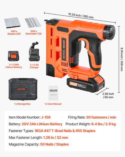VEVOR Cordless Brad Nailer, 2-in-1 Nail Gun Staple Gun, 18 Gauge 1-1/4 inch, Includes 500 Pcs Staples and 500 Pcs Nails, with Battery and Charger, Non-Slip Rubber Grip, for Woodworking DIY Projects - DDMDQZX2H111YCLVI001V1 - view 8