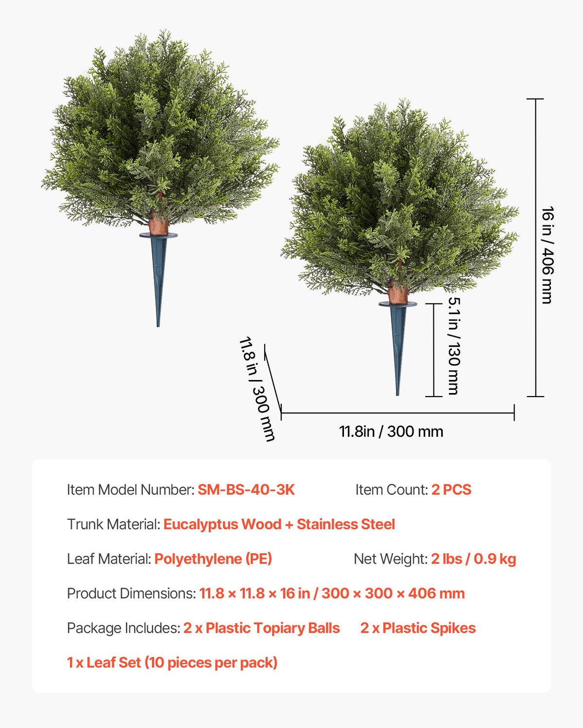 VEVOR Artificial Topiary Cypress Trees with Ground Spike, 16 inch 2 Set Faux Shrubs & Bushes Potted Plants, Fake Silk Tree Look Real for Decor Front Porch Outdoor Indoor Patio Garden Balcony Backyard - DDMJCRGXJBS12L95S001V0 - view 8