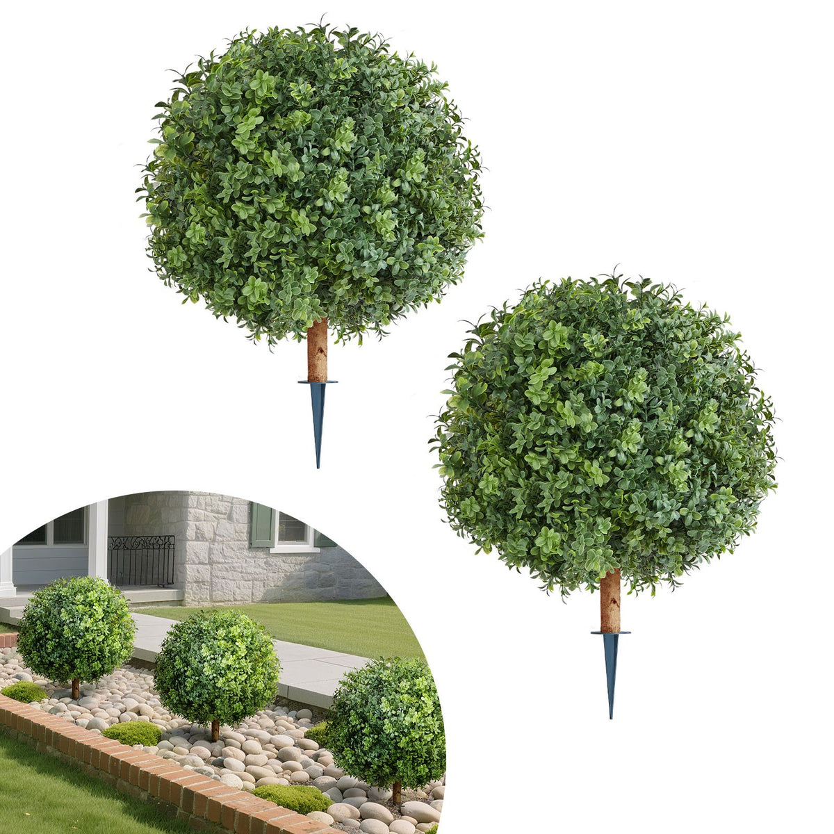 VEVOR Artificial Topiary Boxwood Trees with Ground Spike, 22 inch 2 Set Faux Shrubs & Bushes Potted Plants, Fake Silk Tree Look Real for Decor Front Porch Outdoor Indoor Patio Garden Balcony Backyard - DDMJCRGXJHYMH3FA0001V0 - view 1