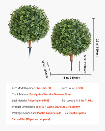 VEVOR Artificial Topiary Boxwood Trees with Ground Spike, 22 inch 2 Set Faux Shrubs & Bushes Potted Plants, Fake Silk Tree Look Real for Decor Front Porch Outdoor Indoor Patio Garden Balcony Backyard - DDMJCRGXJHYMH3FA0001V0 - view 8