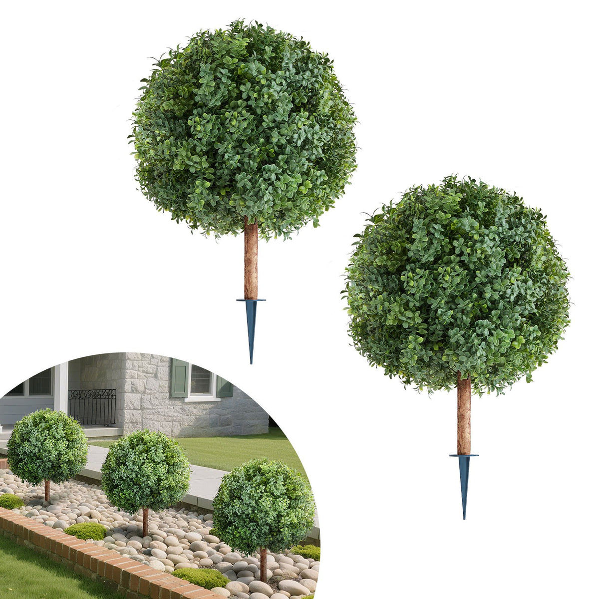 VEVOR Artificial Topiary Boxwood Trees with Ground Spike, 27 inch 2 Set Faux Shrubs & Bushes Potted Plants, Fake Silk Tree Look Real for Decor Front Porch Outdoor Indoor Patio Garden Balcony Backyard - DDMJCRGXJHYMXNYUV001V0 - view 1