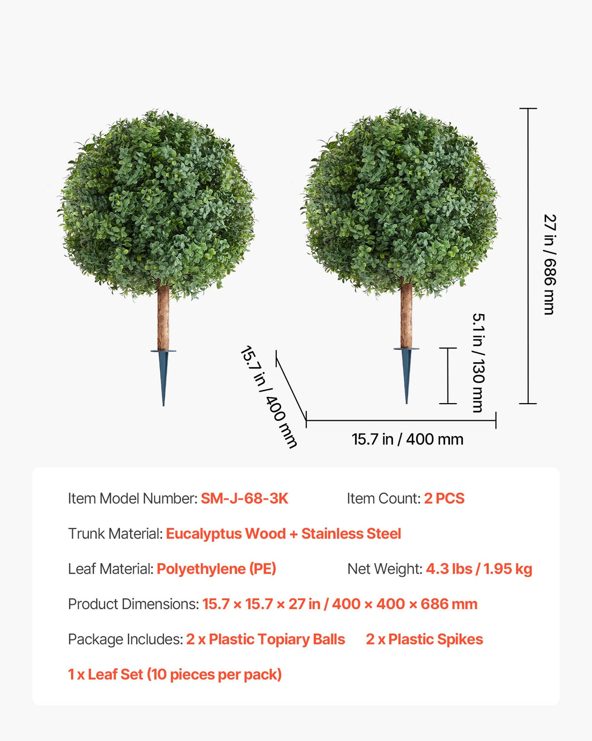 VEVOR Artificial Topiary Boxwood Trees with Ground Spike, 27 inch 2 Set Faux Shrubs & Bushes Potted Plants, Fake Silk Tree Look Real for Decor Front Porch Outdoor Indoor Patio Garden Balcony Backyard - DDMJCRGXJHYMXNYUV001V0 - view 8