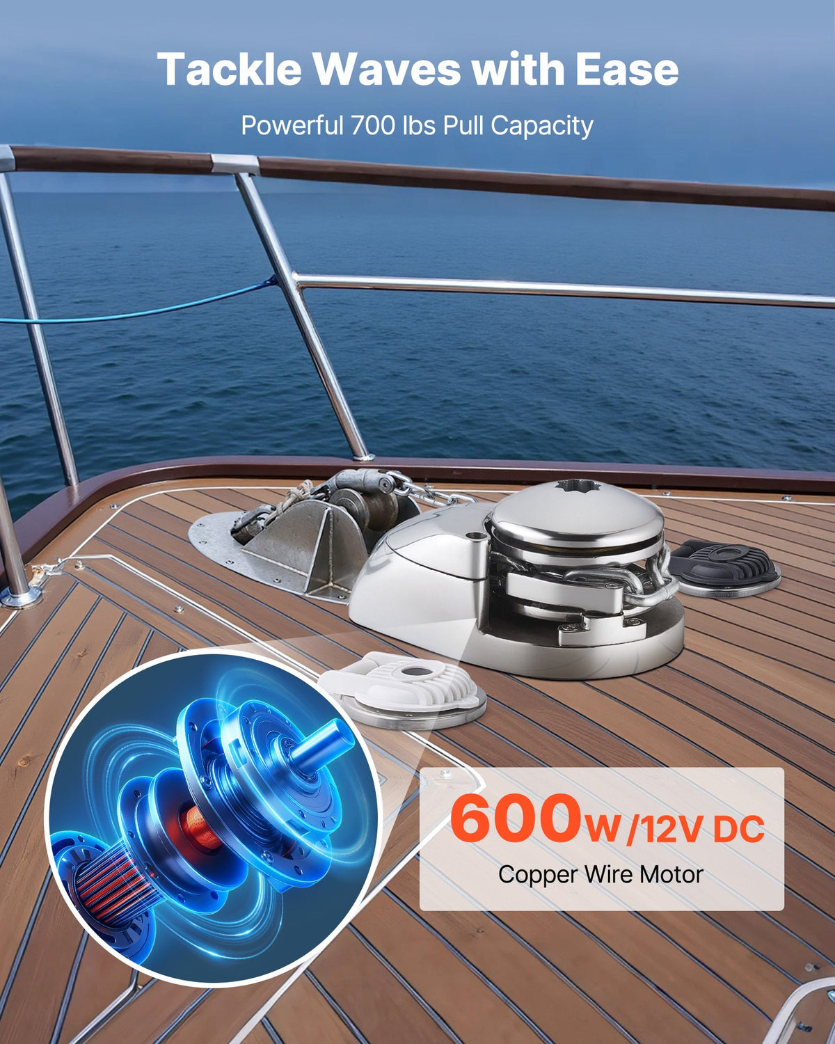 VEVOR Vertical Fishing Windlass, 12V DC 1100W, Windlass Anchor Systems Fit for 1/4-Inch Chain or 9/16 & 5/8 Inch Nylon Rope, Max Pull 700 lbs, 316 Stainless Steel Construction, for Boats 20-36 ft - DDMJCZS700LB1EKC3001V9 - view 3