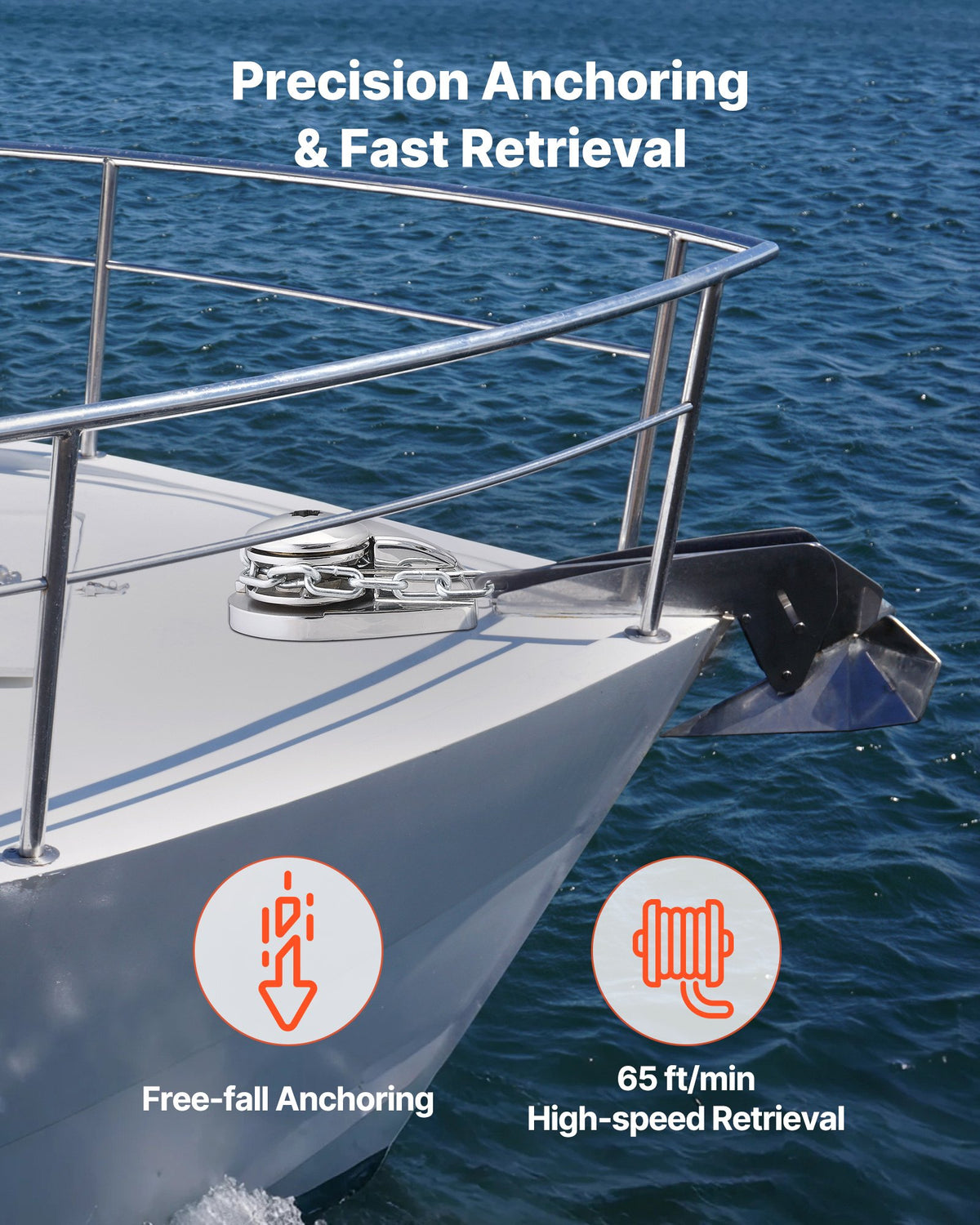 VEVOR Vertical Fishing Windlass, 12V DC 1100W, Windlass Anchor Systems Fit for 1/4-Inch Chain or 9/16 & 5/8 Inch Nylon Rope, Max Pull 700 lbs, 316 Stainless Steel Construction, for Boats 20-36 ft - DDMJCZS700LB1EKC3001V9 - view 4