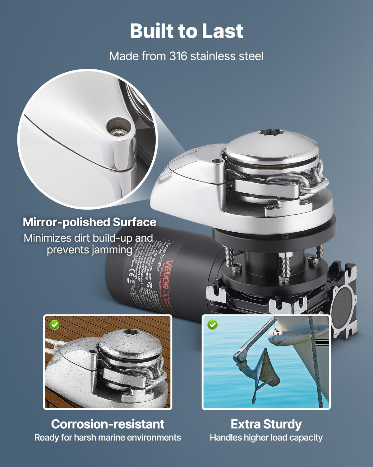 VEVOR Vertical Fishing Windlass, 12V DC 1100W, Windlass Anchor Systems Fit for 1/4-Inch Chain or 9/16 & 5/8 Inch Nylon Rope, Max Pull 700 lbs, 316 Stainless Steel Construction, for Boats 20-36 ft - DDMJCZS700LB1EKC3001V9 - view 5