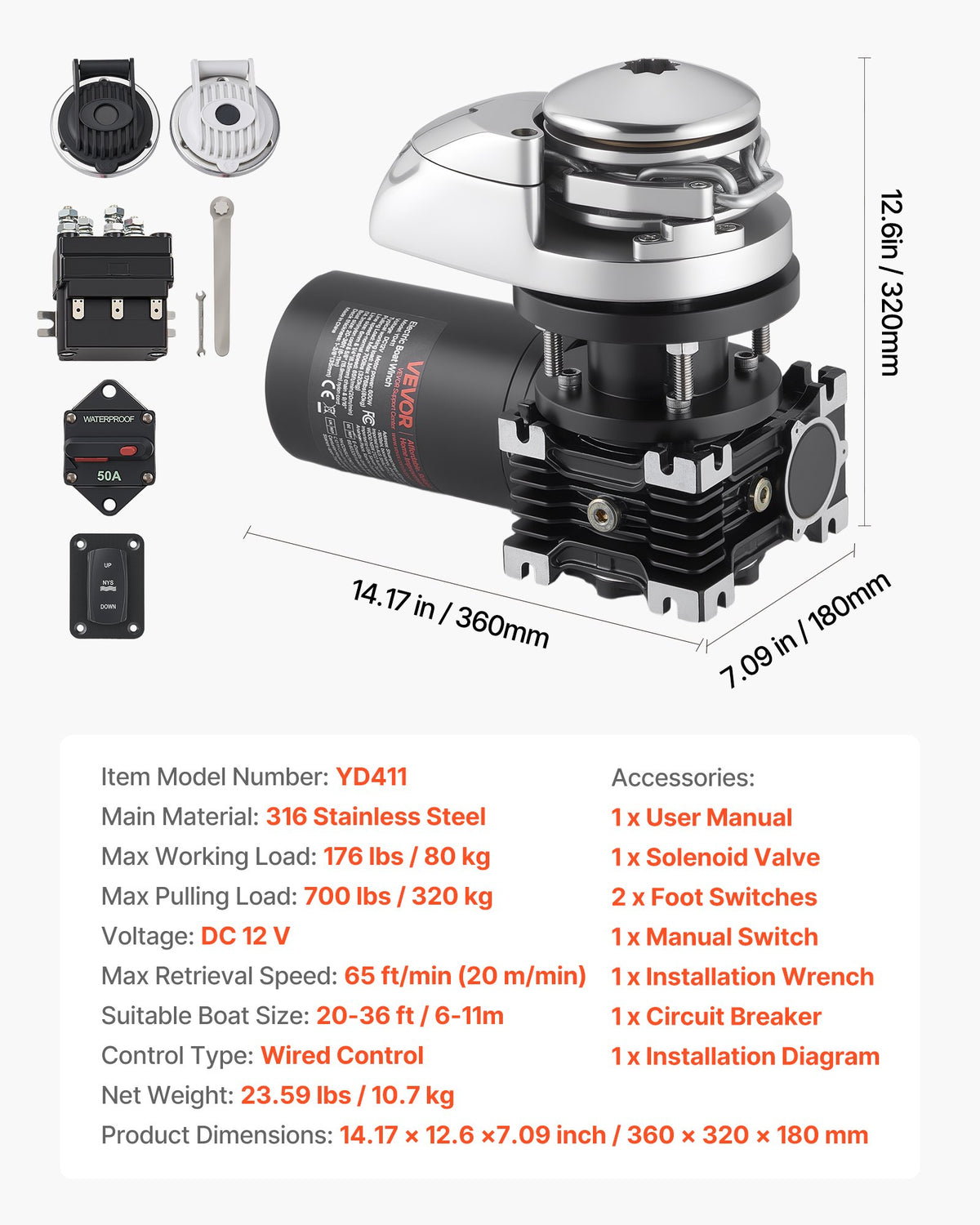 VEVOR Vertical Fishing Windlass, 12V DC 1100W, Windlass Anchor Systems Fit for 1/4-Inch Chain or 9/16 & 5/8 Inch Nylon Rope, Max Pull 700 lbs, 316 Stainless Steel Construction, for Boats 20-36 ft - DDMJCZS700LB1EKC3001V9 - view 8