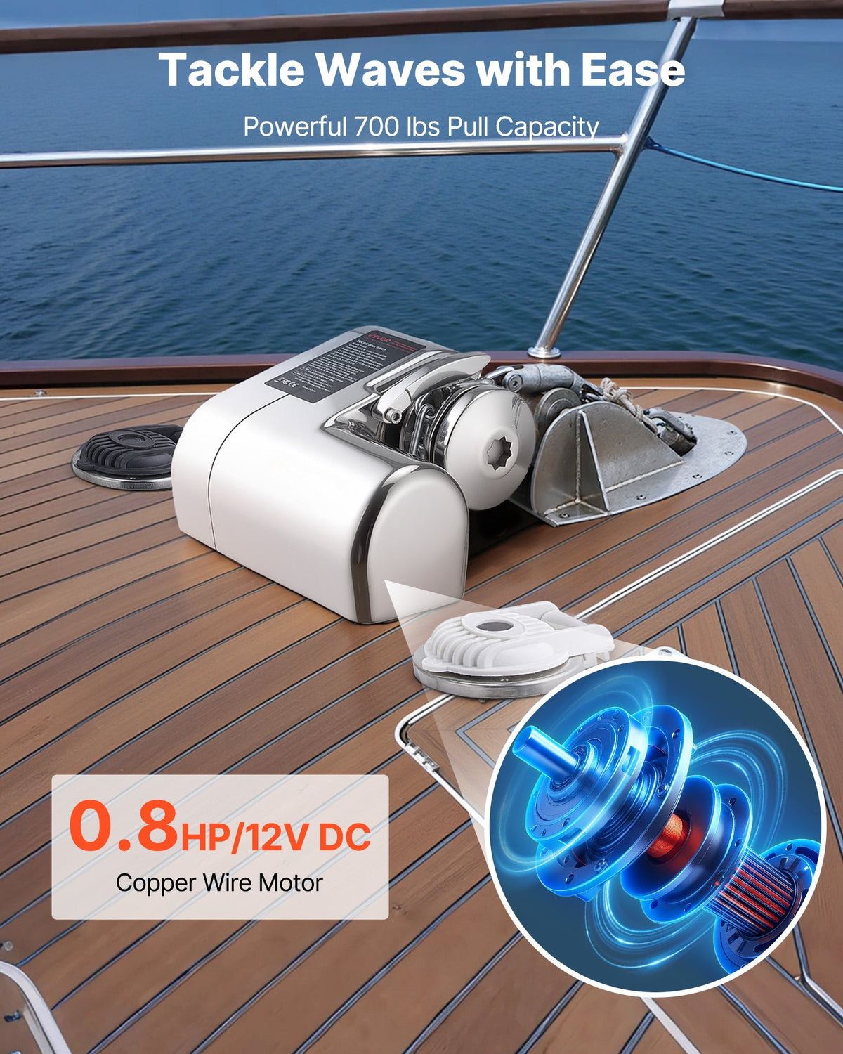 VEVOR Horizontal Fishing Windlass, 12V DC 600W, Windlass Anchor Systems Fit for 1/4-Inch Chain or 9/16 & 5/8 Inch Nylon Rope, Max Pull 573 lbs, 316 Stainless Steel Construction, for Boats 23-29.5 ft - DDMJSPS700LBWVZWN001V9 - view 3