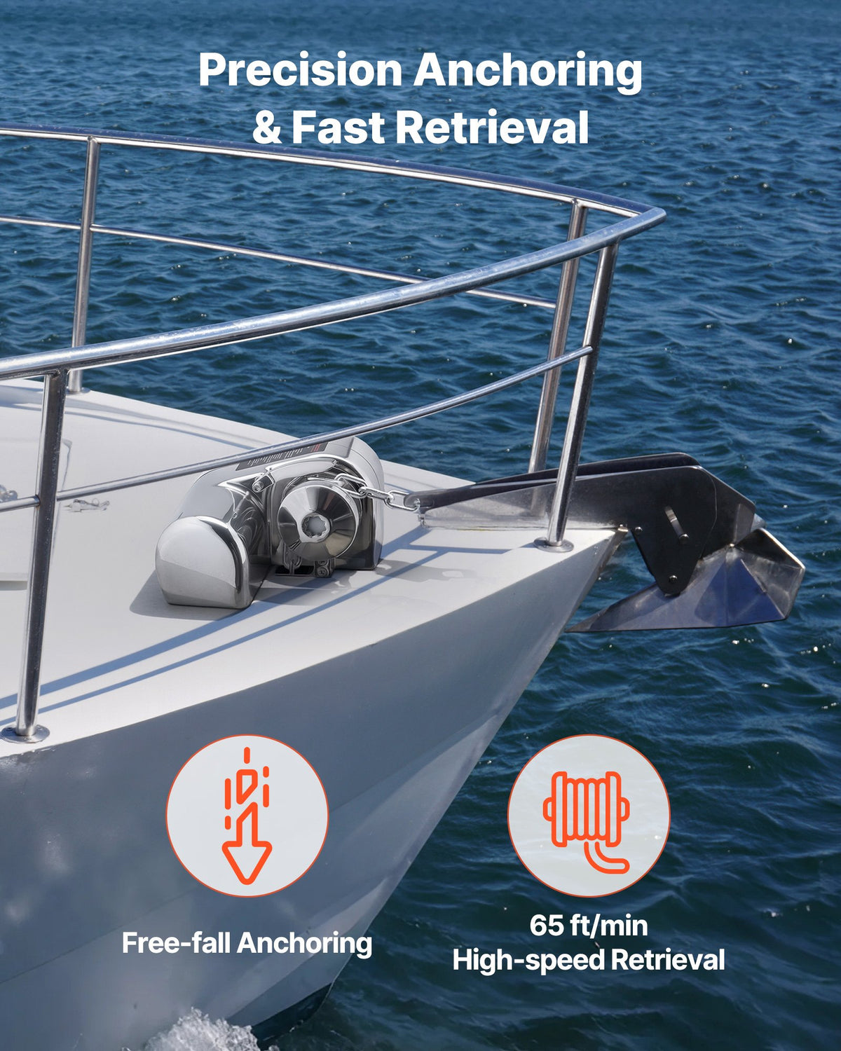 VEVOR Horizontal Fishing Windlass, 12V DC 600W, Windlass Anchor Systems Fit for 1/4-Inch Chain or 9/16 & 5/8 Inch Nylon Rope, Max Pull 573 lbs, 316 Stainless Steel Construction, for Boats 23-29.5 ft - DDMJSPS700LBWVZWN001V9 - view 4