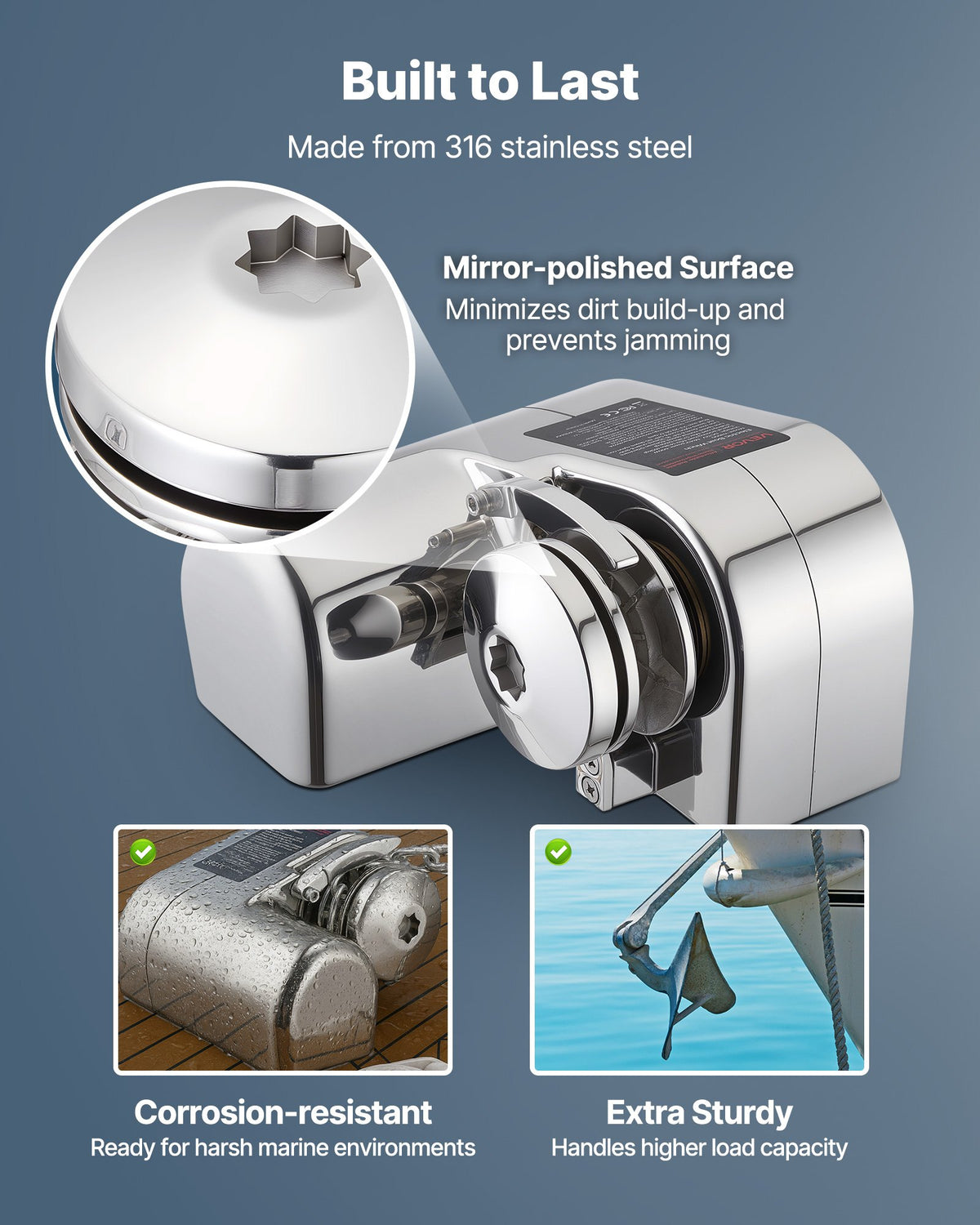 VEVOR Horizontal Fishing Windlass, 12V DC 600W, Windlass Anchor Systems Fit for 1/4-Inch Chain or 9/16 & 5/8 Inch Nylon Rope, Max Pull 573 lbs, 316 Stainless Steel Construction, for Boats 23-29.5 ft - DDMJSPS700LBWVZWN001V9 - view 5