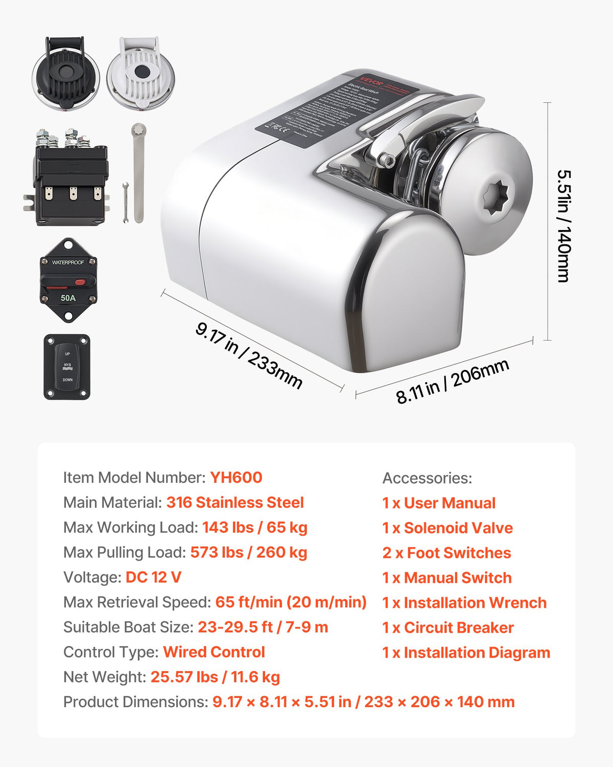 VEVOR Horizontal Fishing Windlass, 12V DC 600W, Windlass Anchor Systems Fit for 1/4-Inch Chain or 9/16 & 5/8 Inch Nylon Rope, Max Pull 573 lbs, 316 Stainless Steel Construction, for Boats 23-29.5 ft - DDMJSPS700LBWVZWN001V9 - view 8