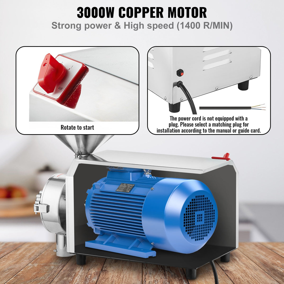 VEVOR Soybean Grinder Commercial Grinding Machine for Spices 3000W Corn Mill Grinder 100 KG/H Stainless Steel Corn Grinder Industrial Flour Milling Machine for Pepper Soybean Peanut Corn Grains - DDMPSGWYMJBXSPVJXV1 - view 4