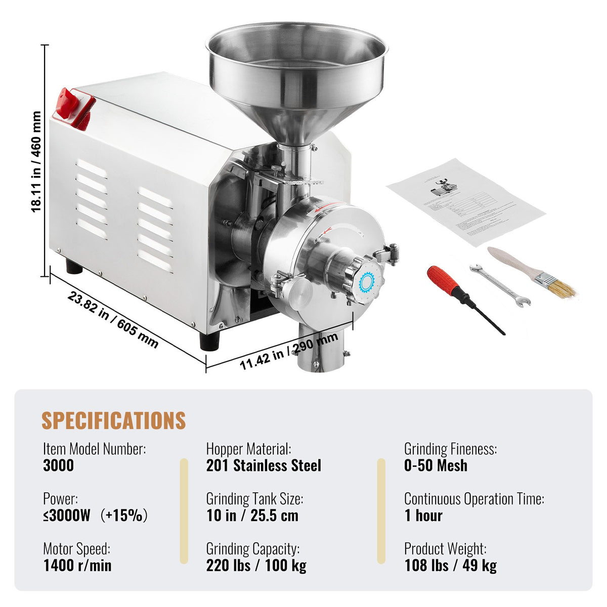 VEVOR Soybean Grinder Commercial Grinding Machine for Spices 3000W Corn Mill Grinder 100 KG/H Stainless Steel Corn Grinder Industrial Flour Milling Machine for Pepper Soybean Peanut Corn Grains - DDMPSGWYMJBXSPVJXV1 - view 8