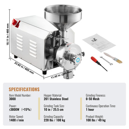 VEVOR Soybean Grinder Commercial Grinding Machine for Spices 3000W Corn Mill Grinder 100 KG/H Stainless Steel Corn Grinder Industrial Flour Milling Machine for Pepper Soybean Peanut Corn Grains - DDMPSGWYMJBXSPVJXV1 - view 8
