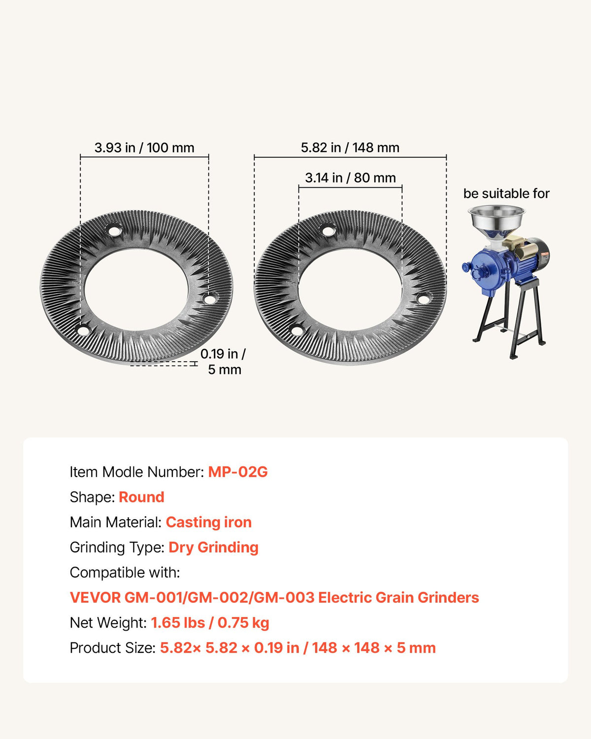 VEVOR 2PCS Grinding Sheets for Electric Grain Mill Grinder, Cast Iron Dry Grinding Discs, Replacement Grinding Plates Compatible with VEVOR GM-001, GM-002, GM-003 Corn Spice Mill Grinder - DDMPSGWYMJZTDXB5V001V0 - view 8