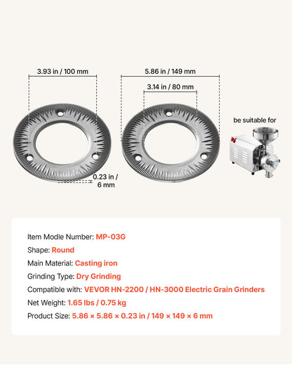 VEVOR 2PCS Grinding Sheets for Electric Grain Mill Grinder, Cast Iron Dry Grinding Discs, Replacement Grinding Plates Compatible with VEVOR HN-2200, HN-3000 Corn Spice Mill Grinder - DDMPSGWYMJZTQ4ZMQ001V0 - view 8
