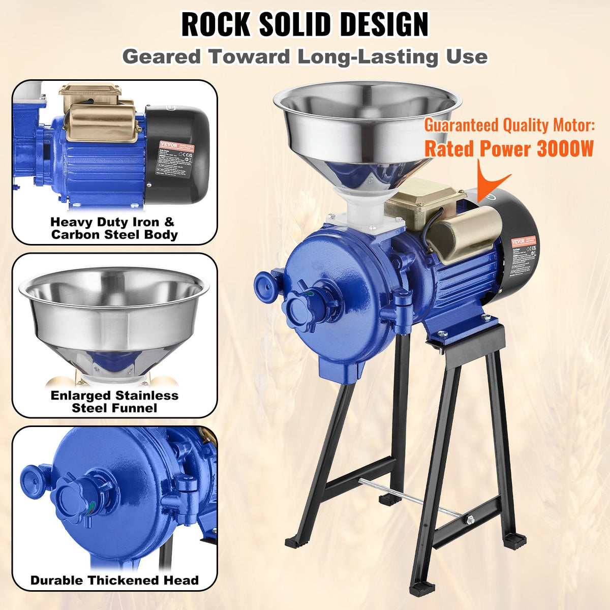 VEVOR Electric Grain Mill Grinder, 3000W Spice Grinders, Commercial Corn Mill with Funnel, Thickness Adjustable Powder Machine, Heavy Duty Feed Flour Cereal Mill Wheat Grinders, Dry Grinder - DDMPSGWYMJZTWGW67V1 - view 7