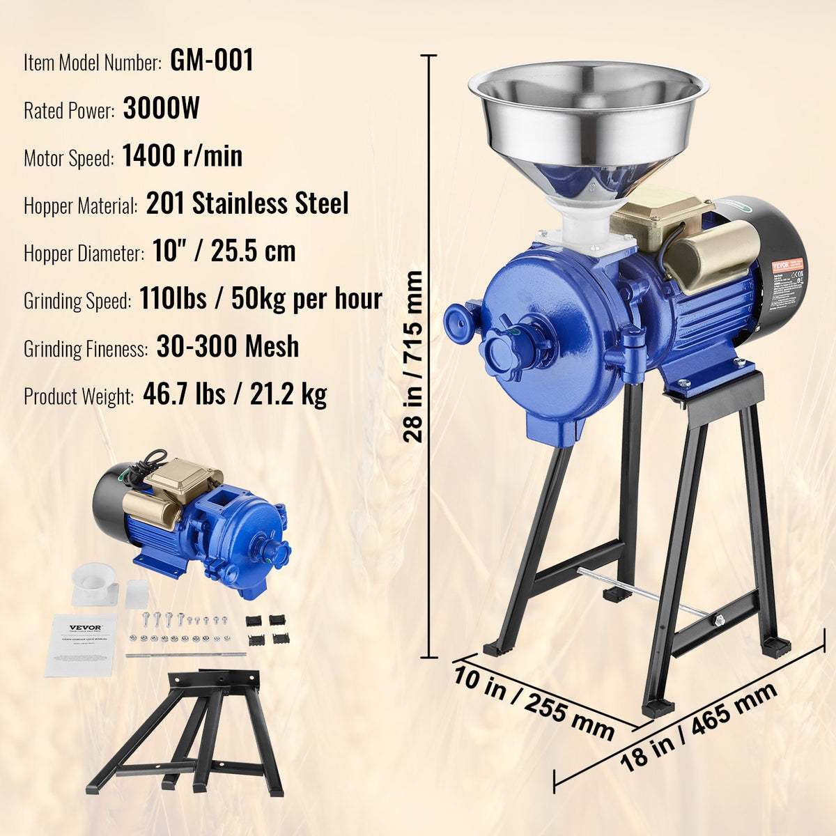VEVOR Electric Grain Mill Grinder, 3000W Spice Grinders, Commercial Corn Mill with Funnel, Thickness Adjustable Powder Machine, Heavy Duty Feed Flour Cereal Mill Wheat Grinders, Dry Grinder - DDMPSGWYMJZTWGW67V1 - view 8