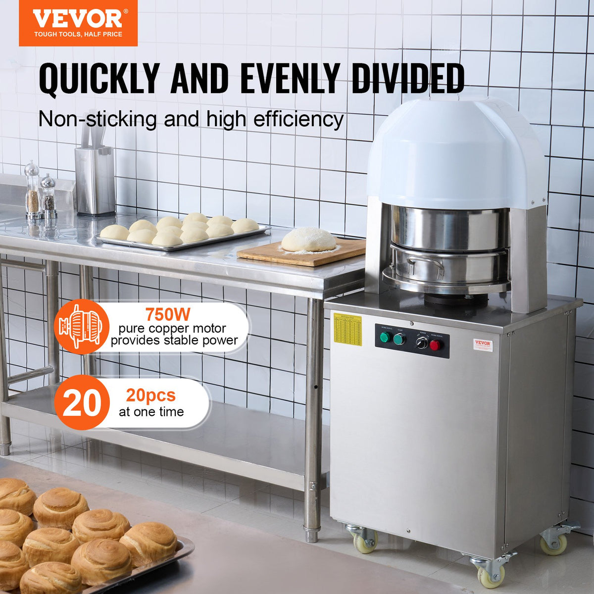 VEVOR Electric Dough Divider, 20PCS Automatic Dough Dividing Cutting Machine, 2.12oz - 9.17oz Equal Dough Cutter with Pure Copper Motor and 304 Stainless Steel Tray, for Bakery, Restaurant - DDMTFGQLD20LFYNM3V1 - view 3