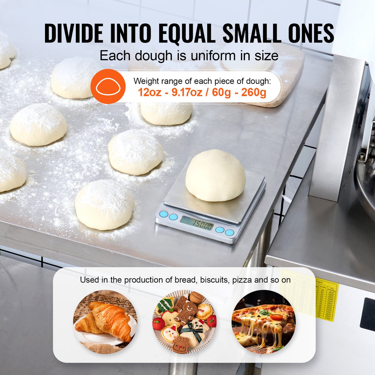 VEVOR Electric Dough Divider, 20PCS Automatic Dough Dividing Cutting Machine, 2.12oz - 9.17oz Equal Dough Cutter with Pure Copper Motor and 304 Stainless Steel Tray, for Bakery, Restaurant - DDMTFGQLD20LFYNM3V1 - view 4