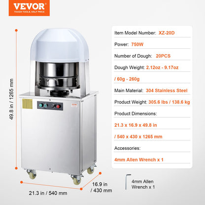 VEVOR Electric Dough Divider, 20PCS Automatic Dough Dividing Cutting Machine, 2.12oz - 9.17oz Equal Dough Cutter with Pure Copper Motor and 304 Stainless Steel Tray, for Bakery, Restaurant - DDMTFGQLD20LFYNM3V1 - view 8