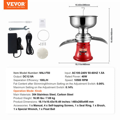 VEVOR Milk Cream Centrifugal Separator, 304 Stainless Steel Electric Cream Separators, 100L/H Output 10500RPM Goat Milk Separator, 30W Cow Cream Separator, Milk Skimmer with 5L Bowl Capacity, 100-240V - DDNYFLQ5L30W8VEH8V1 - view 8