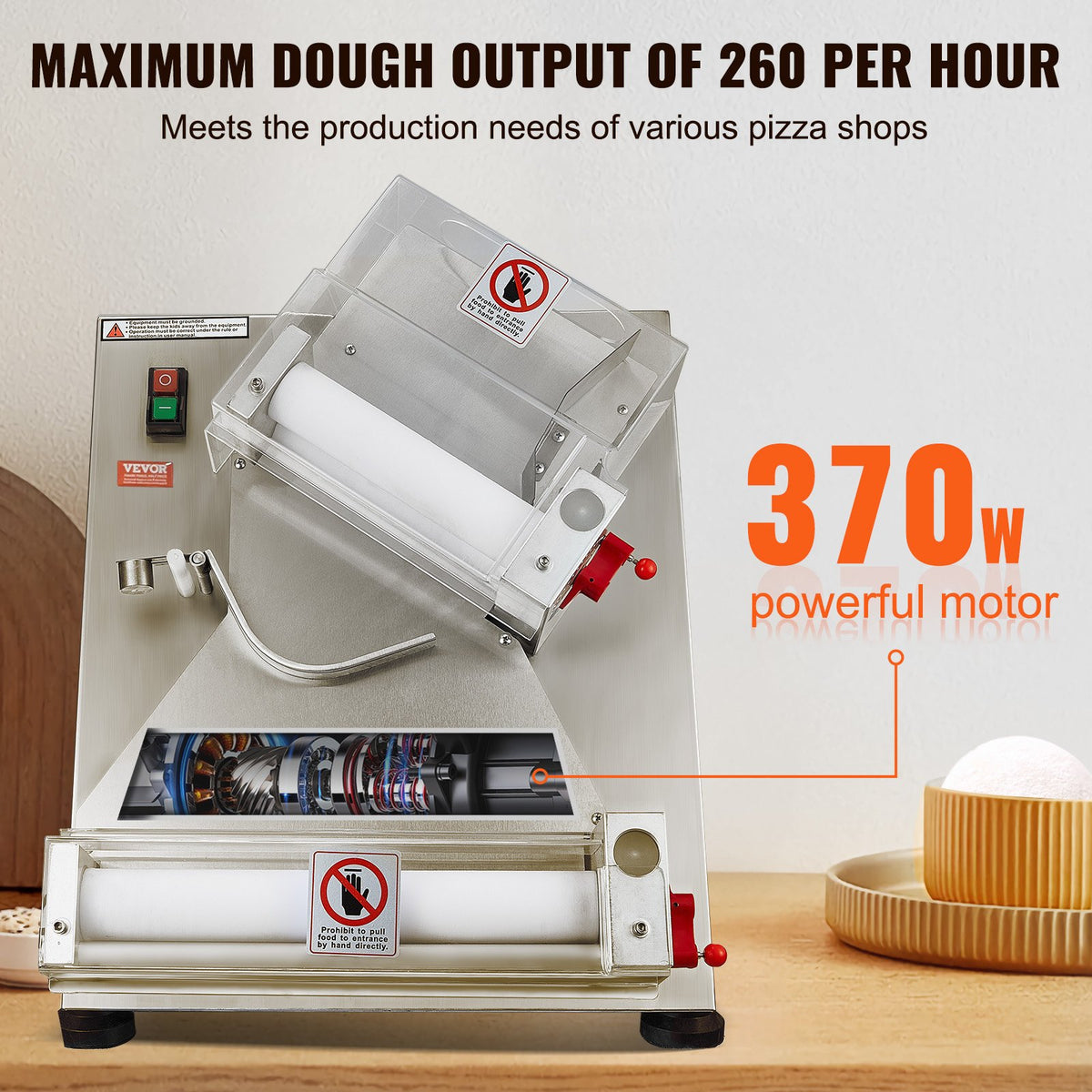 VEVOR Pizza Dough Roller Sheeter, 3-12 Inch Automatic Commercial Pizza Press, 370W Electric 260 Per Hour Dough Roller, Stainless Steel Adjustable Thickness Dough Machine, for Pasta Maker Equipment - DDPSBYMJ300MJP7MBV1 - view 4