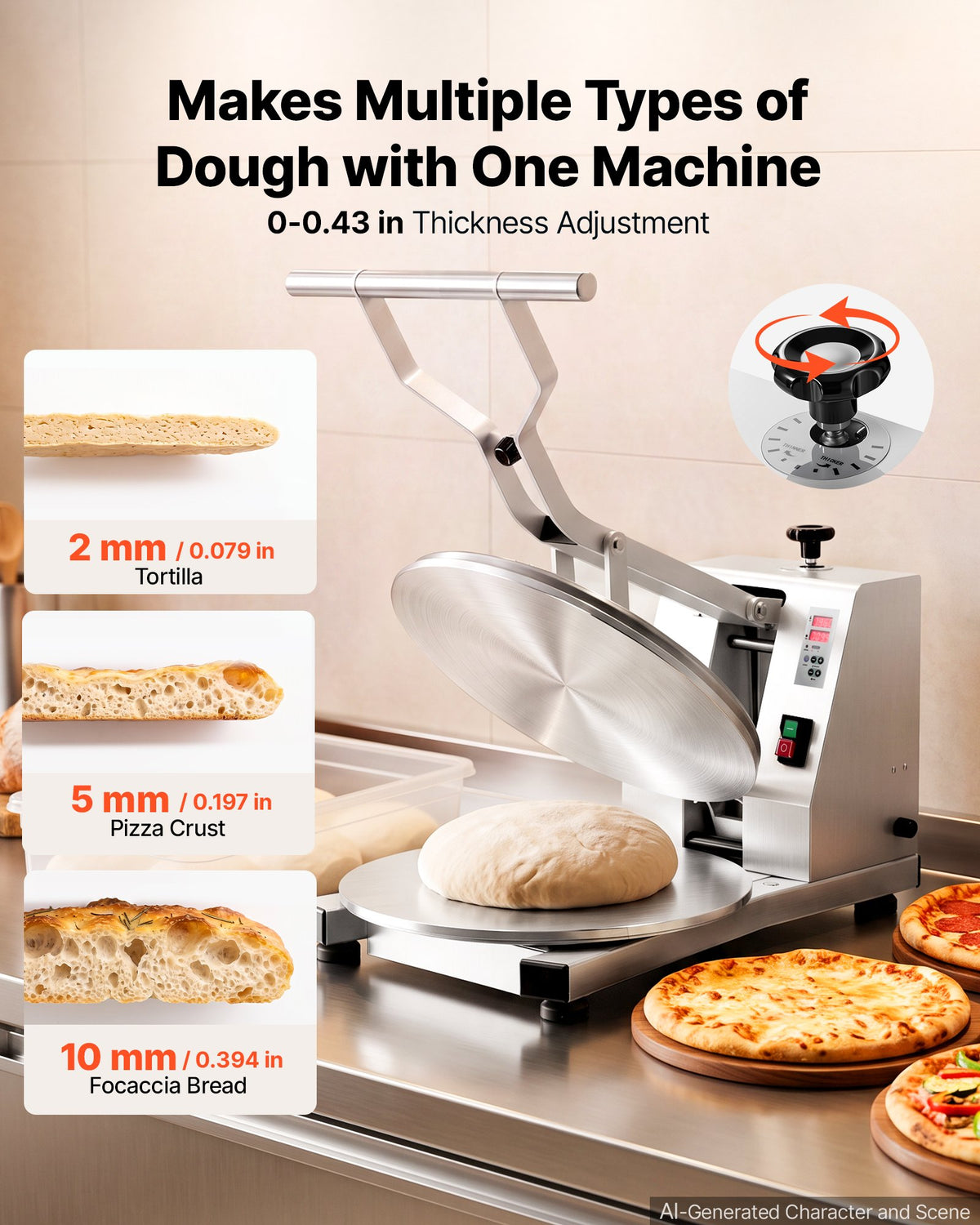 VEVOR Commercial Pizza Dough Press Machine 18 in Electric Dough Sheeter, Ideal for Bakery Home Restaurant Use, 1200W Cast Aluminum Pastry Press Plate, Adjustable Thickness Bread Forming Presser - DDPSBYMJBXG1C406Y001V1 - view 5