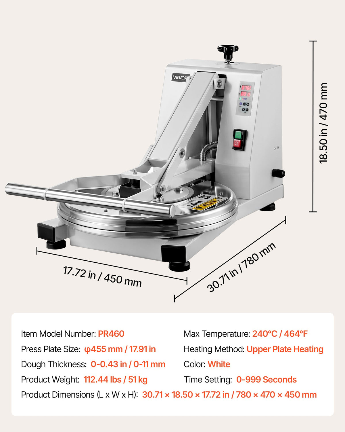 VEVOR Commercial Pizza Dough Press Machine 18 in Electric Dough Sheeter, Ideal for Bakery Home Restaurant Use, 1200W Cast Aluminum Pastry Press Plate, Adjustable Thickness Bread Forming Presser - DDPSBYMJBXG1C406Y001V1 - view 8