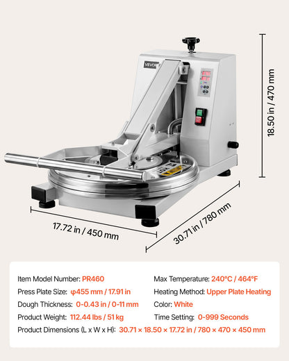 VEVOR Commercial Pizza Dough Press Machine 18 in Electric Dough Sheeter, Ideal for Bakery Home Restaurant Use, 1200W Cast Aluminum Pastry Press Plate, Adjustable Thickness Bread Forming Presser - DDPSBYMJBXG1C406Y001V1 - view 8