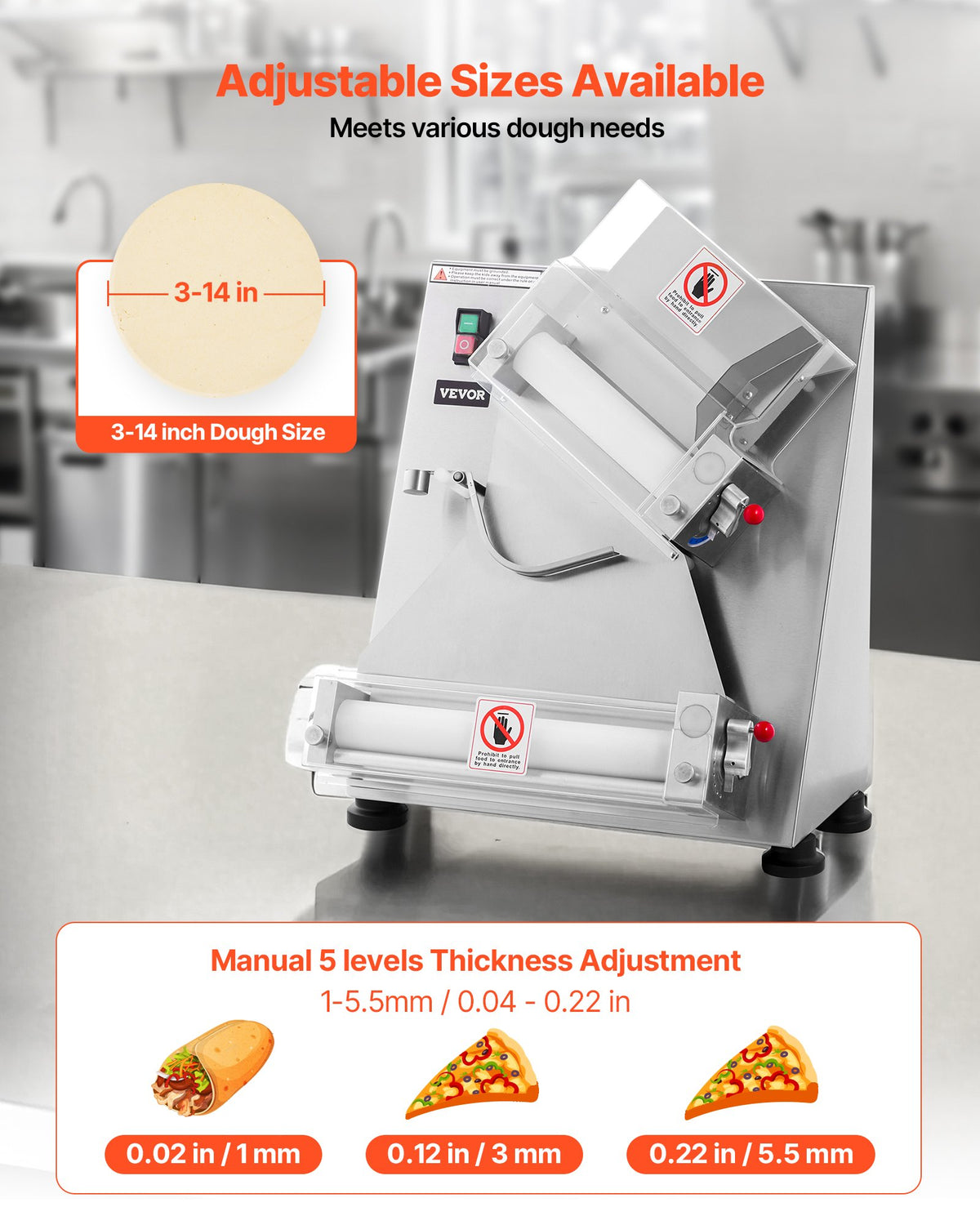 VEVOR Pizza Dough Roller Sheeter, 3-14 Inch Automatic Stainless Steel Pizza Press, Commercial Electric 370W Pasta Maker Machine, 260 pcs Per Hour, Adjustable Thickness, with Dough Press Lid - DDPSBYMJBXGY6W87L001V1 - view 4