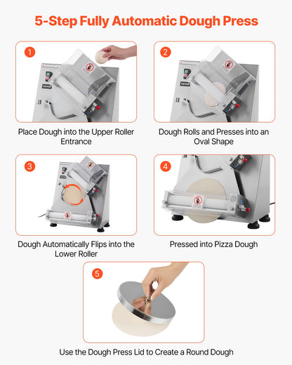 VEVOR Pizza Dough Roller Sheeter, 3-14 Inch Automatic Stainless Steel Pizza Press, Commercial Electric 370W Pasta Maker Machine, 260 pcs Per Hour, Adjustable Thickness, with Dough Press Lid - DDPSBYMJBXGY6W87L001V1 - view 5