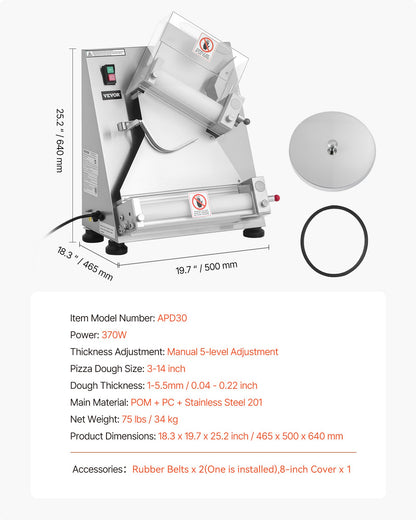 VEVOR Pizza Dough Roller Sheeter, 3-14 Inch Automatic Stainless Steel Pizza Press, Commercial Electric 370W Pasta Maker Machine, 260 pcs Per Hour, Adjustable Thickness, with Dough Press Lid - DDPSBYMJBXGY6W87L001V1 - view 8