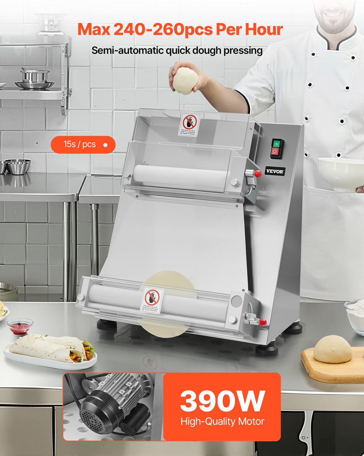 VEVOR Pizza Dough Roller Sheeter, 3-16 Inch Semi-automatic Stainless Steel Pizza Press, Commercial Electric 390W Pasta Maker Machine, 260 pcs Per Hour, Adjustable Thickness, with Dough Press Lid - DDPSBYMJBXGYOXC3A001V1 - view 3