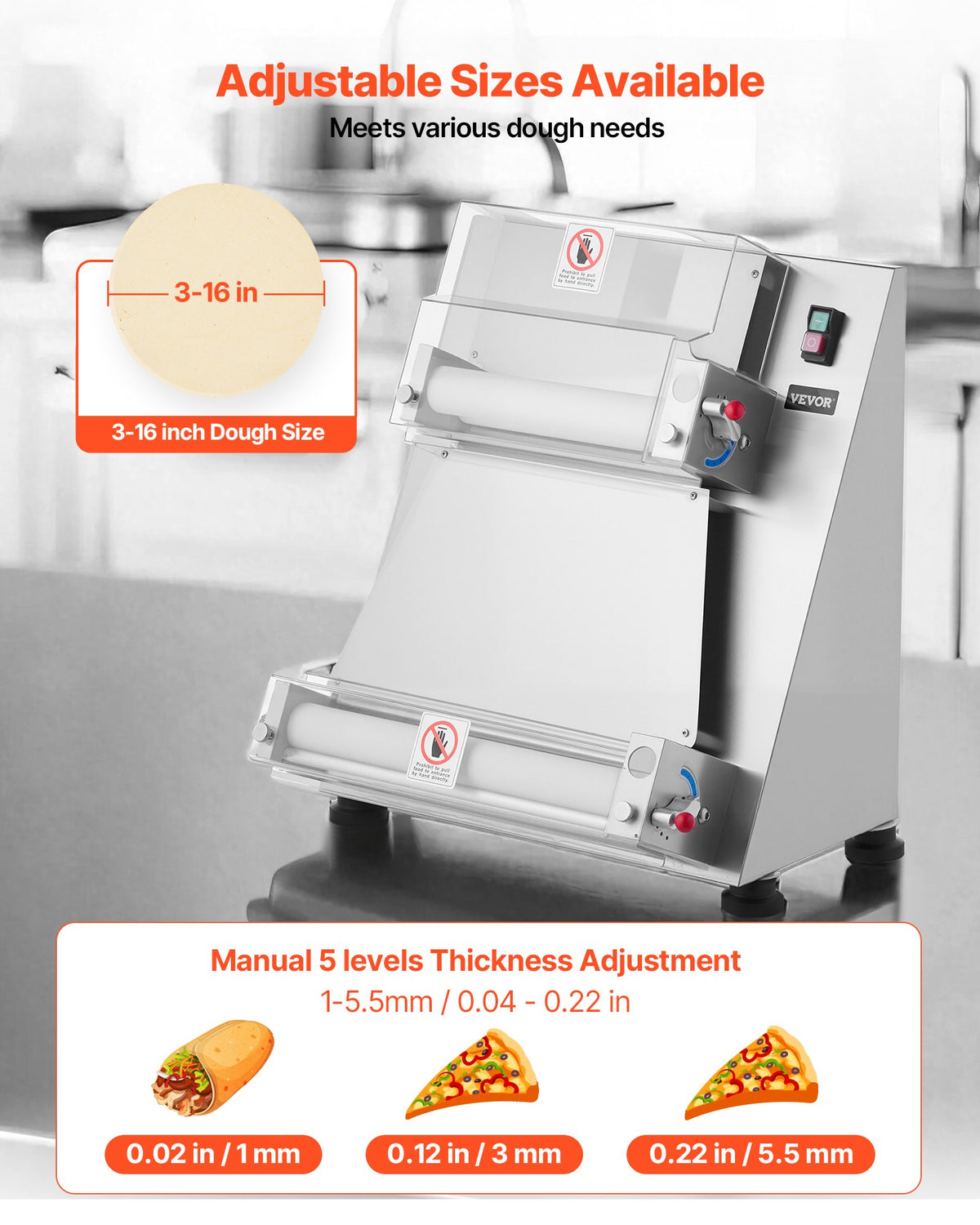 VEVOR Pizza Dough Roller Sheeter, 3-16 Inch Semi-automatic Stainless Steel Pizza Press, Commercial Electric 390W Pasta Maker Machine, 260 pcs Per Hour, Adjustable Thickness, with Dough Press Lid - DDPSBYMJBXGYOXC3A001V1 - view 4