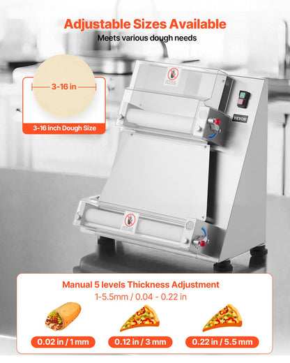 VEVOR Pizza Dough Roller Sheeter, 3-16 Inch Semi-automatic Stainless Steel Pizza Press, Commercial Electric 390W Pasta Maker Machine, 260 pcs Per Hour, Adjustable Thickness, with Dough Press Lid - DDPSBYMJBXGYOXC3A001V1 - view 4
