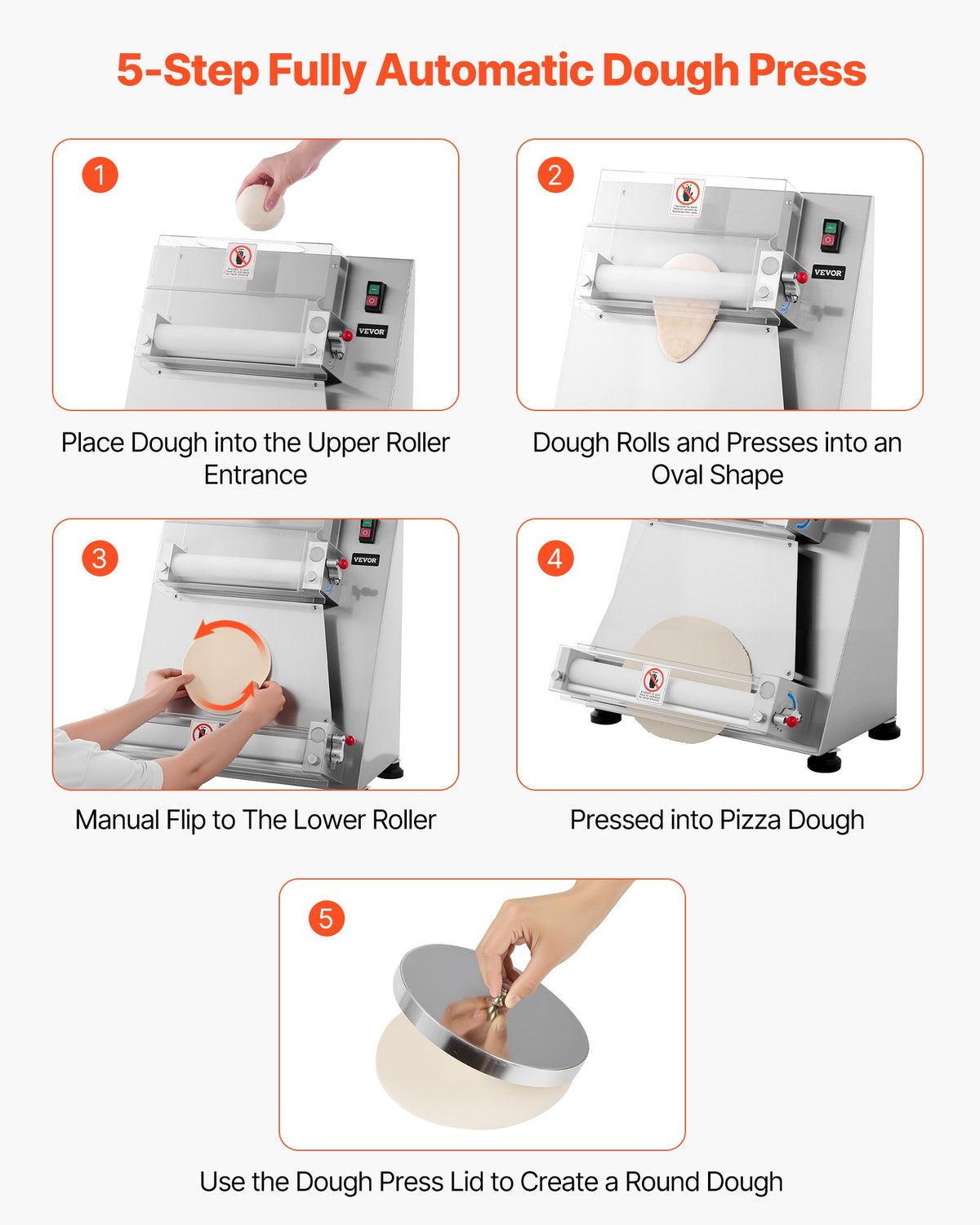 VEVOR Pizza Dough Roller Sheeter, 3-16 Inch Semi-automatic Stainless Steel Pizza Press, Commercial Electric 390W Pasta Maker Machine, 260 pcs Per Hour, Adjustable Thickness, with Dough Press Lid - DDPSBYMJBXGYOXC3A001V1 - view 5