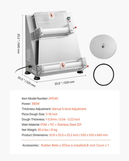VEVOR Pizza Dough Roller Sheeter, 3-16 Inch Semi-automatic Stainless Steel Pizza Press, Commercial Electric 390W Pasta Maker Machine, 260 pcs Per Hour, Adjustable Thickness, with Dough Press Lid - DDPSBYMJBXGYOXC3A001V1 - view 8