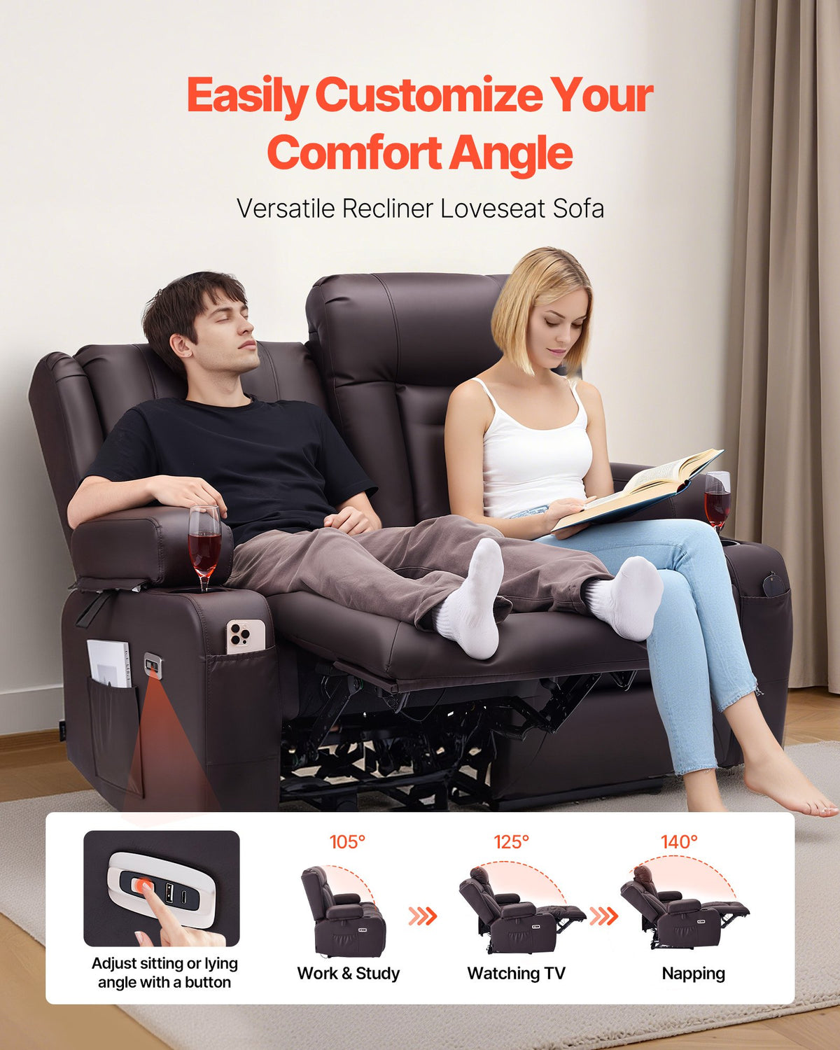 VEVOR Loveseat Recliner Sofa, Power Reclining Couch with Heating & Massage and Timer, PU Leather Electric Recliner Sofa with USB Ports, Cup Holders and Side Bags, Dual Loveseat Chair for Living Room - DDPYSRSFDDKB5TOTG001V1 - view 3